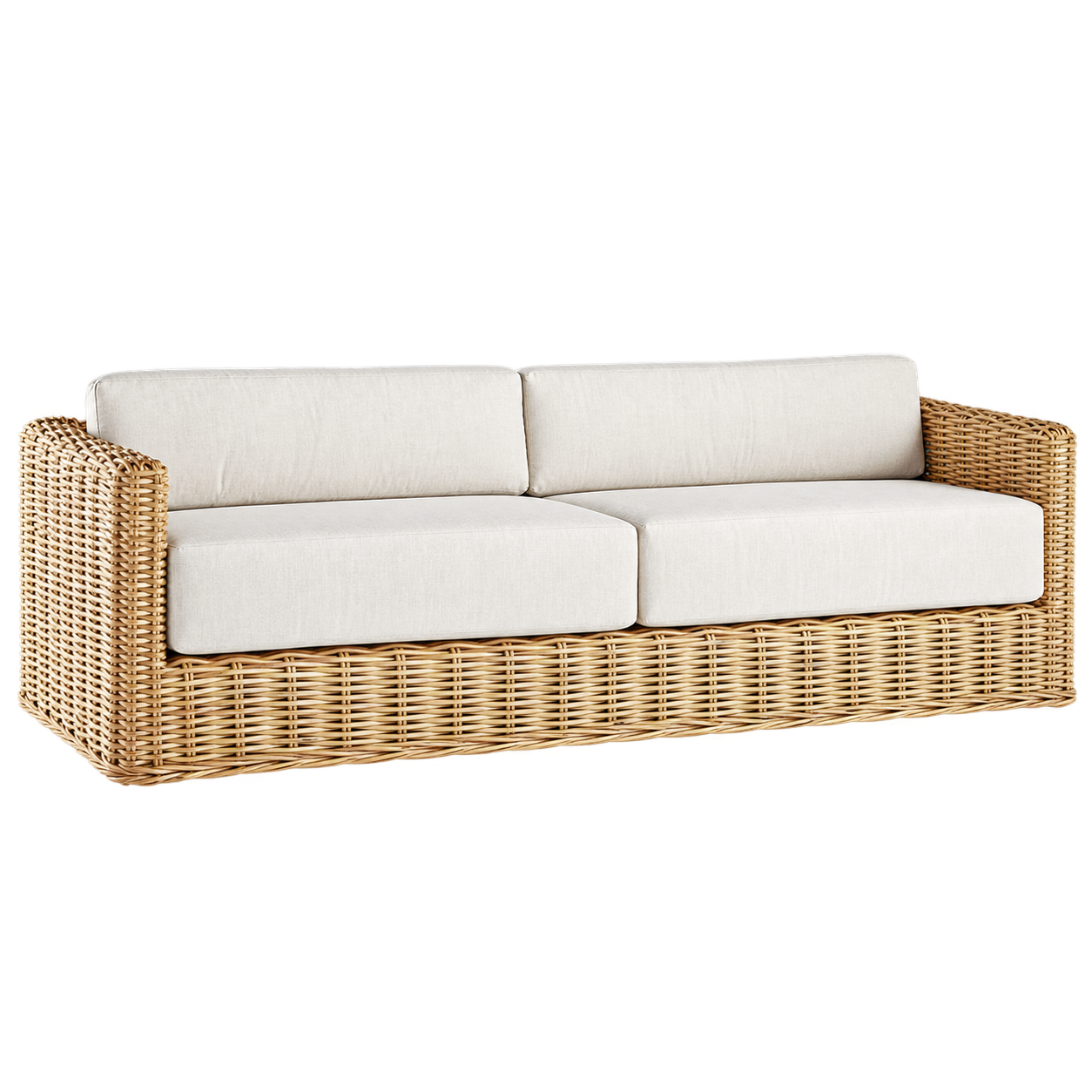 Sofa rotan sintetis dengan bantalan putih